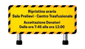 Centro Trasfusionale – Ripristino dei consueti orari